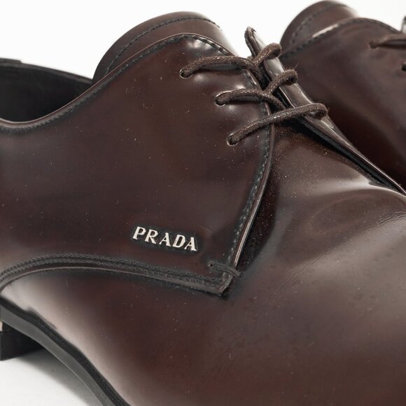 Prada Brown Spazzolato Leather Lace-Up Derbies - Picture 7 of 12